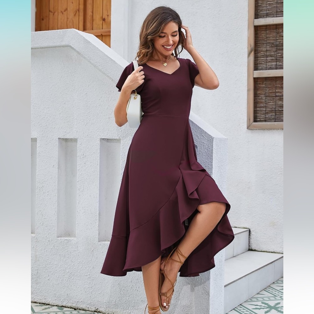 NWOT HomRain Burgundy Formal Dresses Wedding Guest Flowy Cocktail Dress, Large
